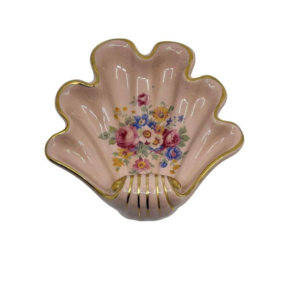 VTG Princeton Pink Porcelain Leaf-Shaped Trinket Dish with Floral & Gold Accents